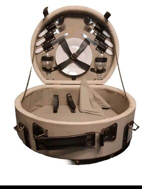 Round Picnic Basket Set For 2 with Cutlery and Glasses - Beige NWOT